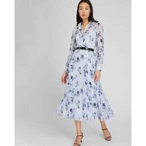 NWD Club Monaco Pleated Maxi Shirt Dress Size 10 Blue Floral Sold Out 9F404